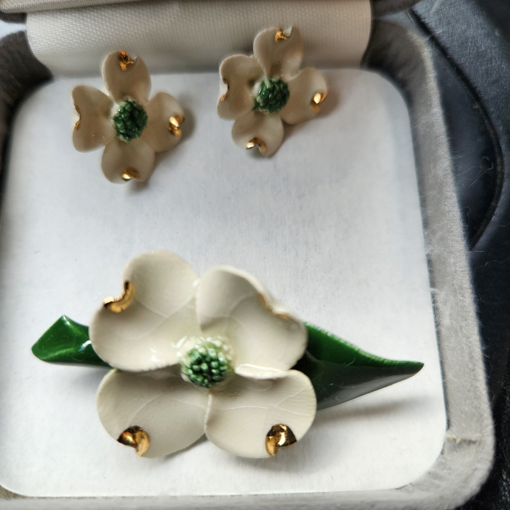 Enamelware Set Earrings Pin Floral Jewelry
